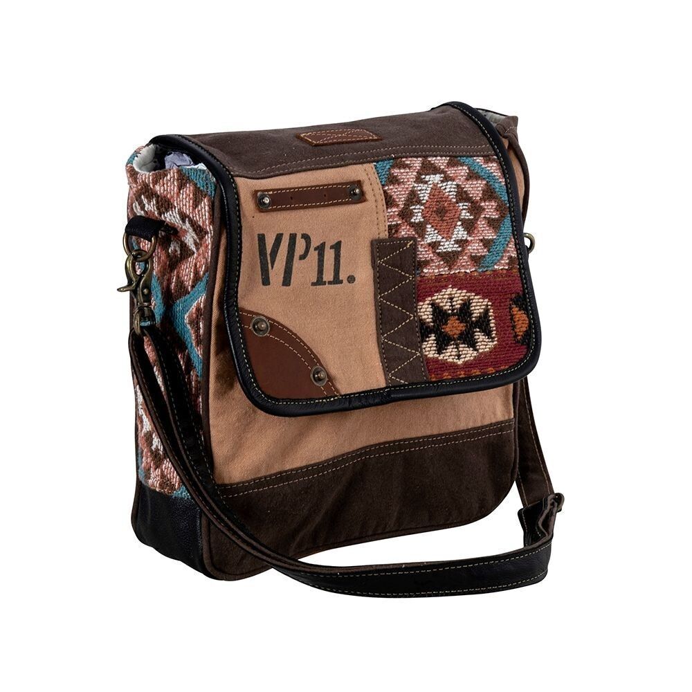 Myra Bag Handmade Southwest Shoulder Bag Upcycled Canvas & Cowhide Leather - Picture 3 of 16